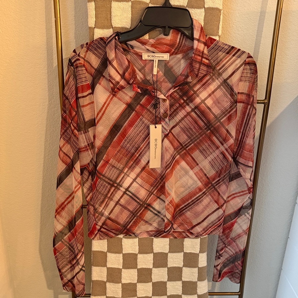 NWT BCBGeneration Women's Sheer Plaid‎ Blouse Large